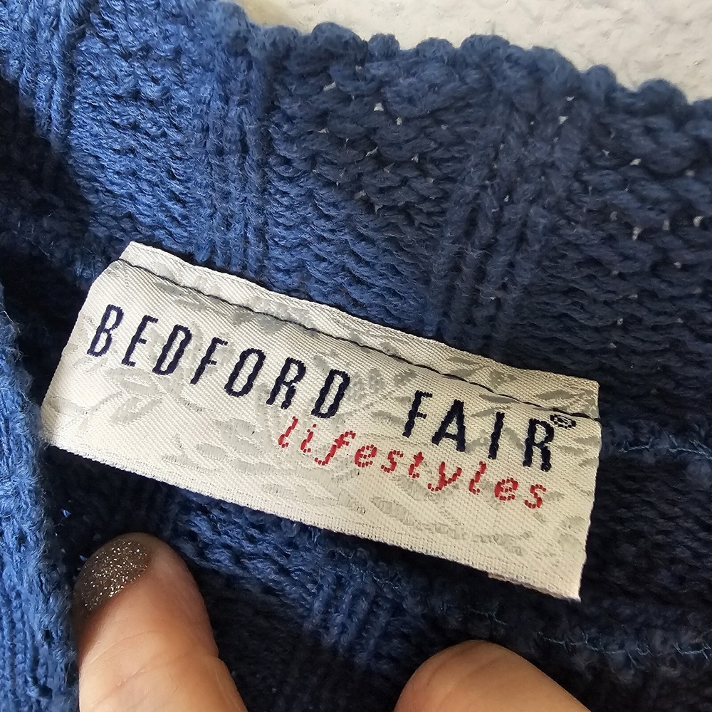 Bedford Fair Blue Textured Cotton Mock Neck Sweater Petite Large USA - Picture 3 of 8